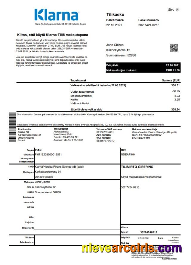 Finland Klarna bank excel pdf